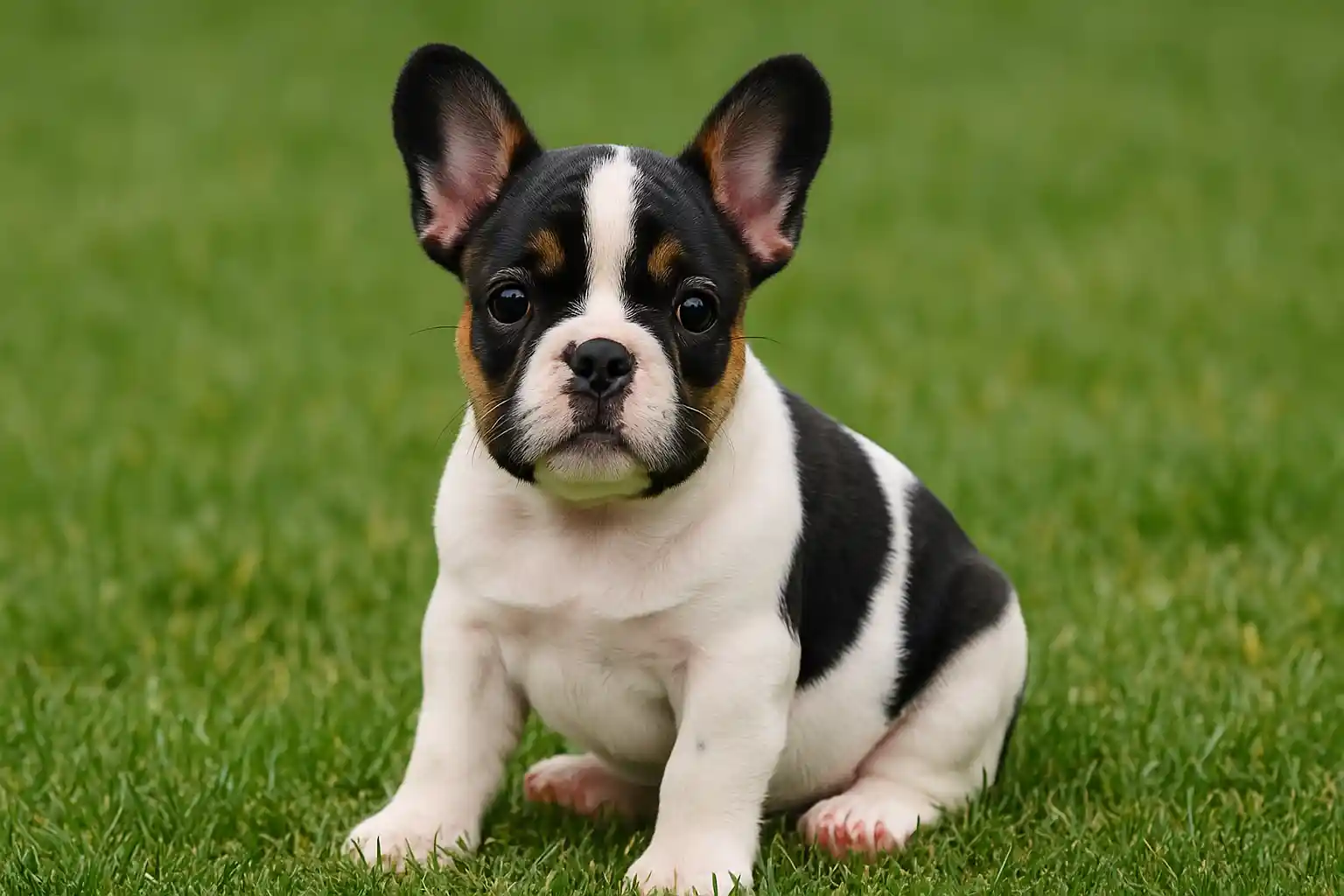 Tri color French Bulldog puppy with distinctive black and tan markings on white coat
