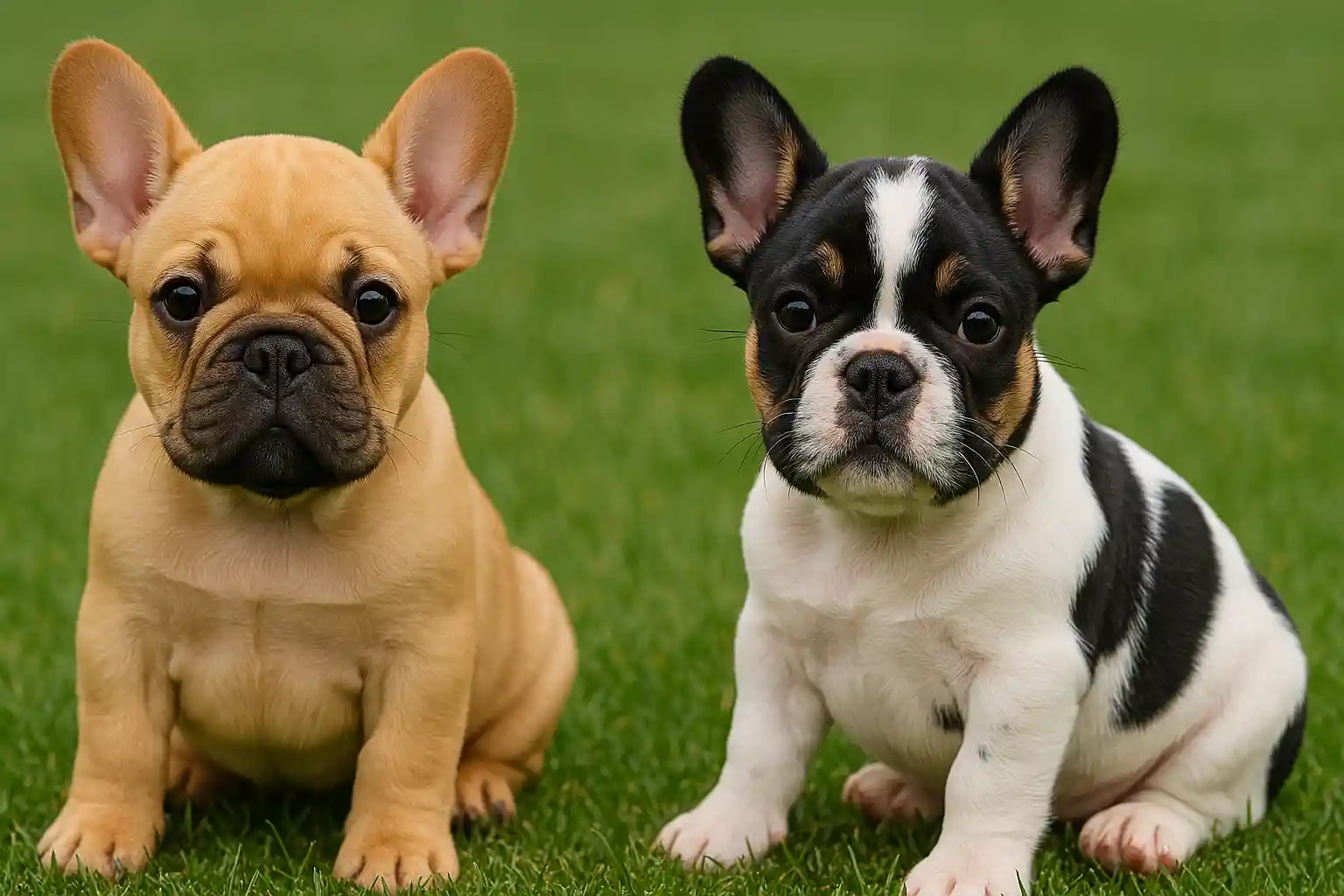Comparison between standard fawn French Bulldog and tri color French Bulldog showing coat difference