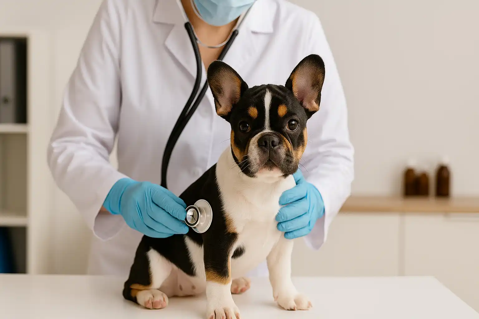 Tri color French Bulldog receiving veterinary examination during routine health check