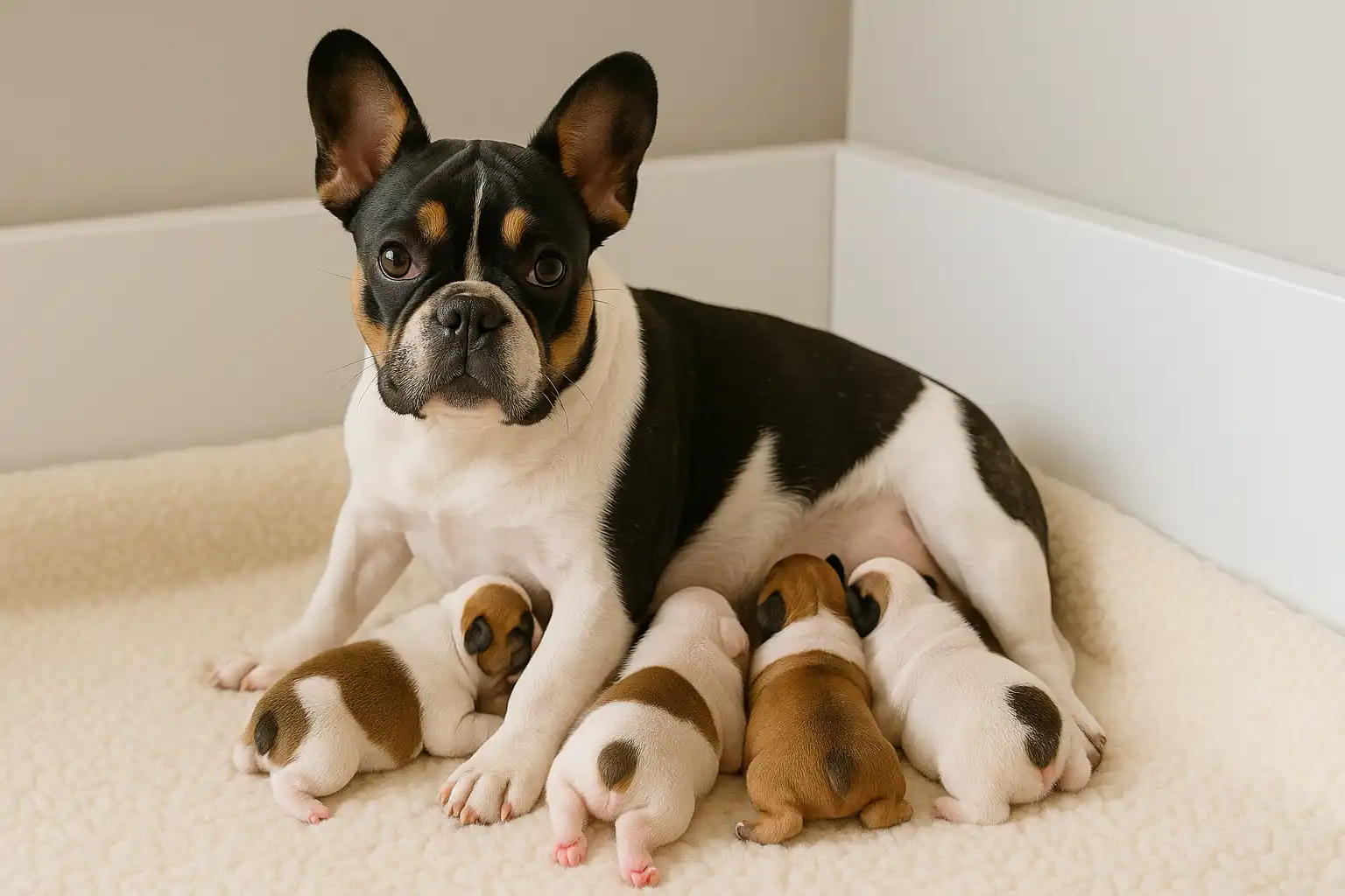 Tri color French Bulldog mother nursing her diverse-colored puppies in clean whelping box