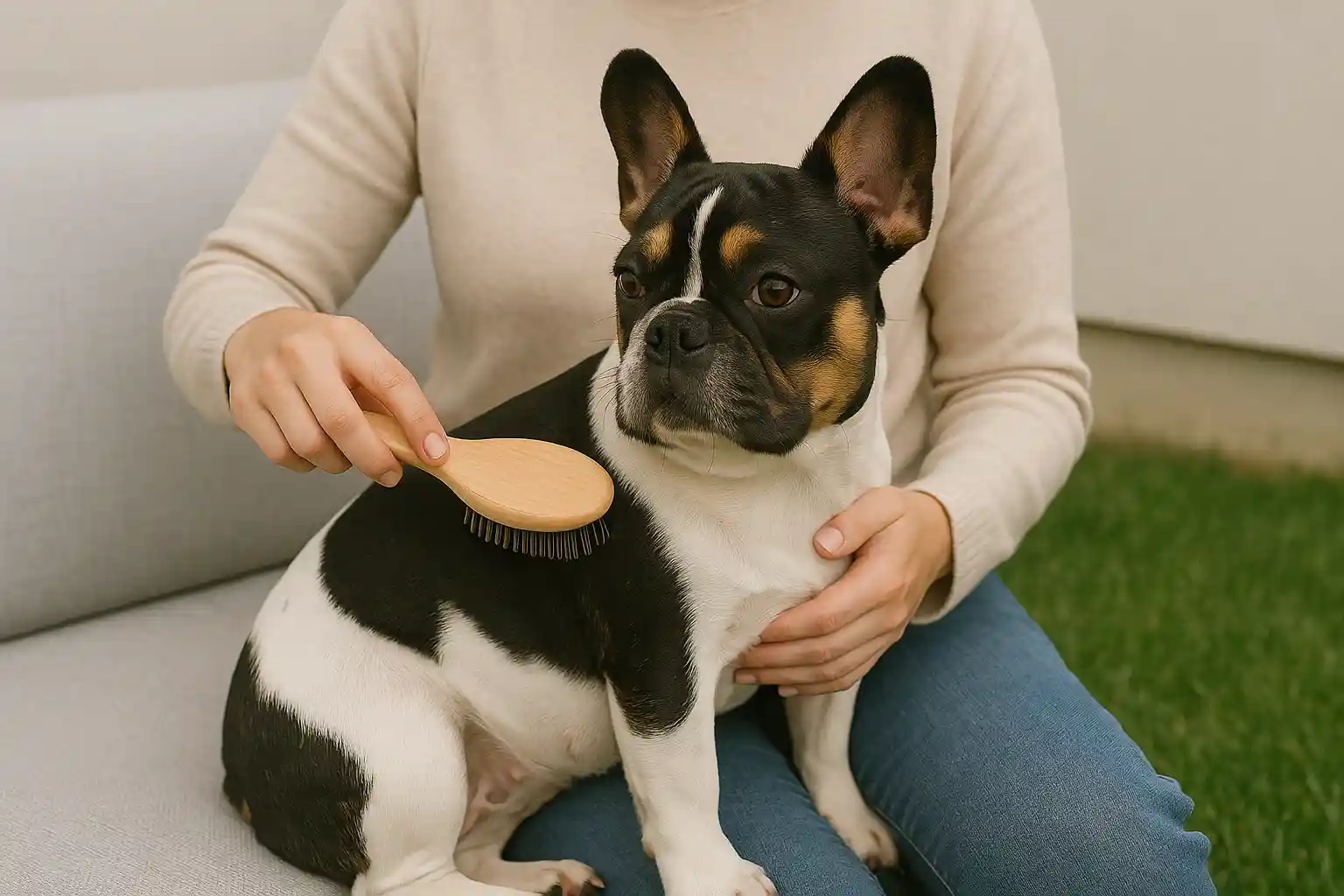 Tri color French Bulldog enjoying grooming session with rubber grooming mitt