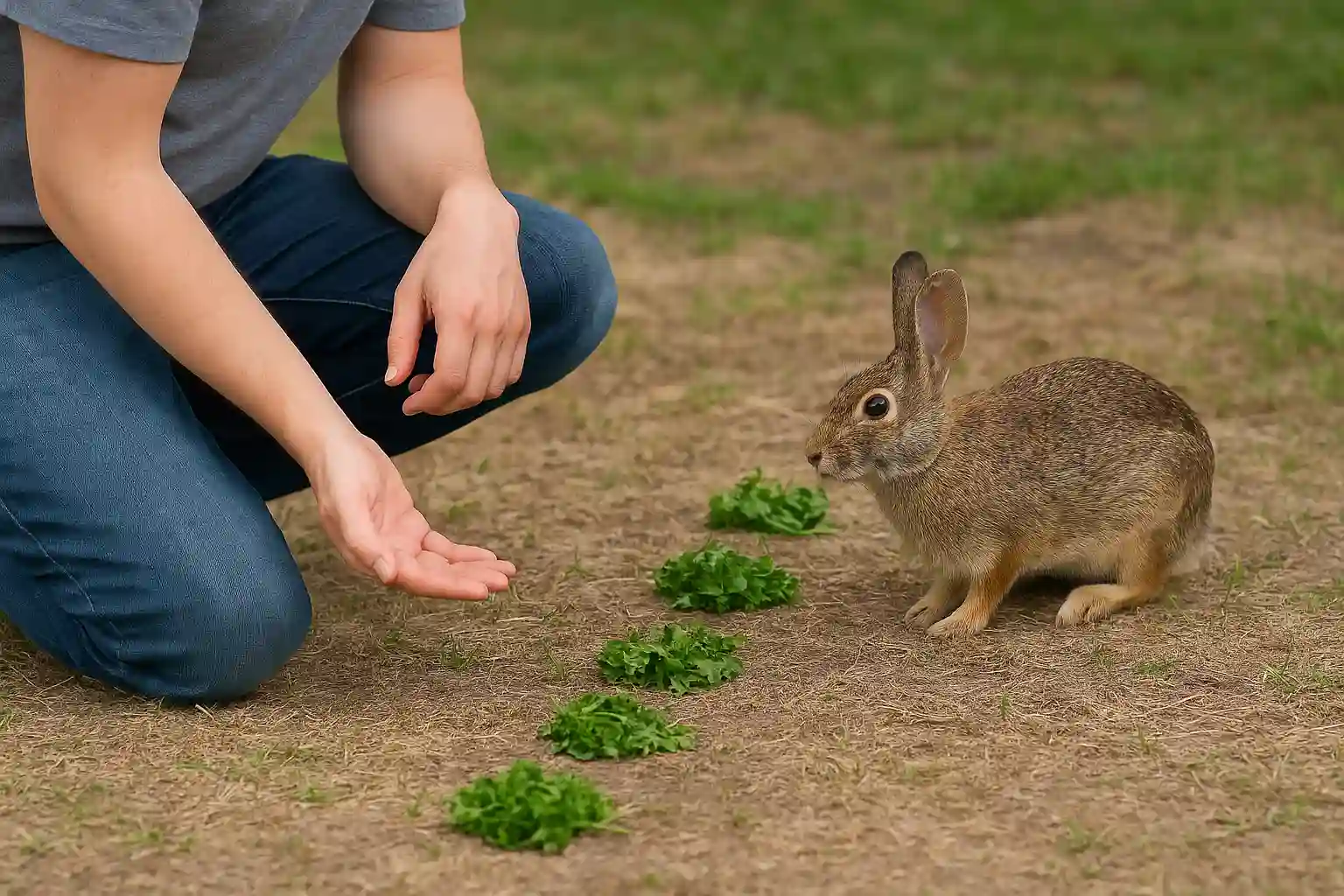Fresh greens arranged in small piles creating a path to attract a stray bunny to come closer to a person.