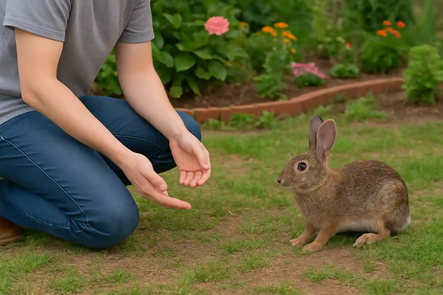 Person demonstrating proper sitting position to get a stray bunny to come closer in a garden setting.