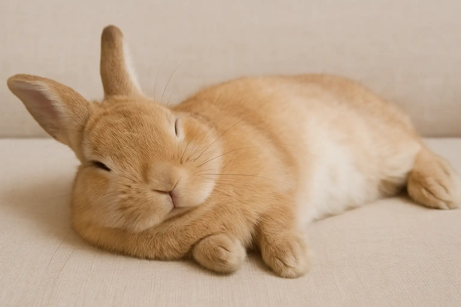 Relaxed bunny flopped on side demonstrating trust, key step in how to make a bunny trust you