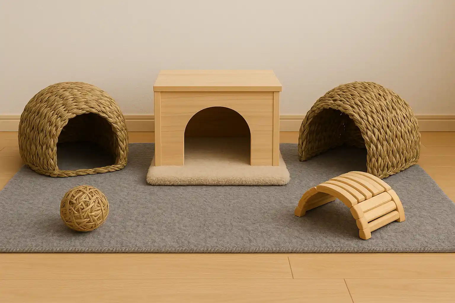 Ideal rabbit habitat with hiding spots and comfort elements to help make a bunny trust you