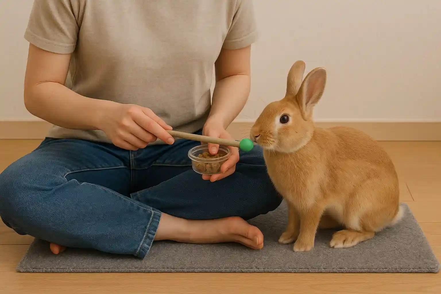 Owner using target training technique to make a bunny trust you through positive reinforcement