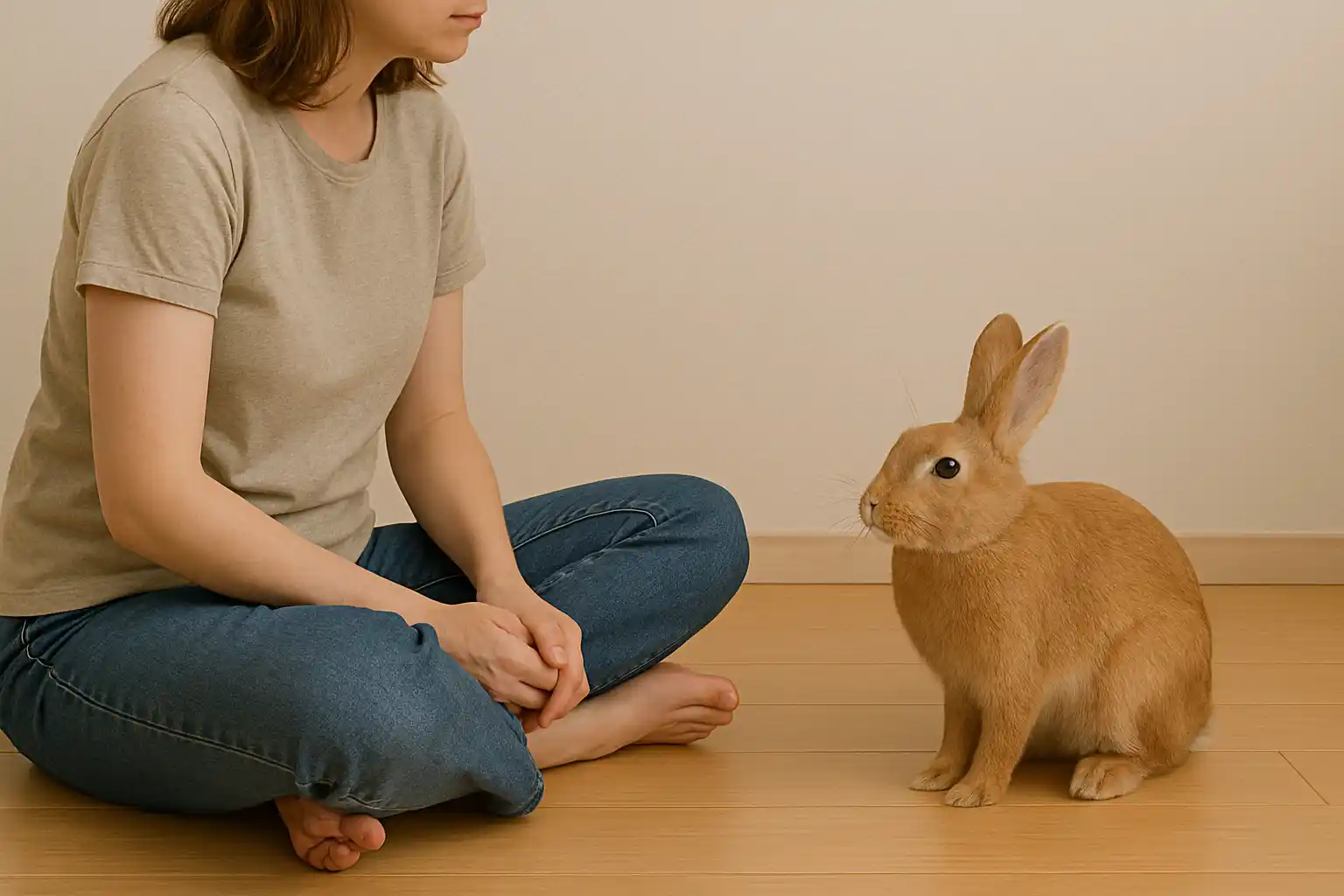 Person patiently sitting at floor level demonstrating the patience needed to make a bunny trust you successfully