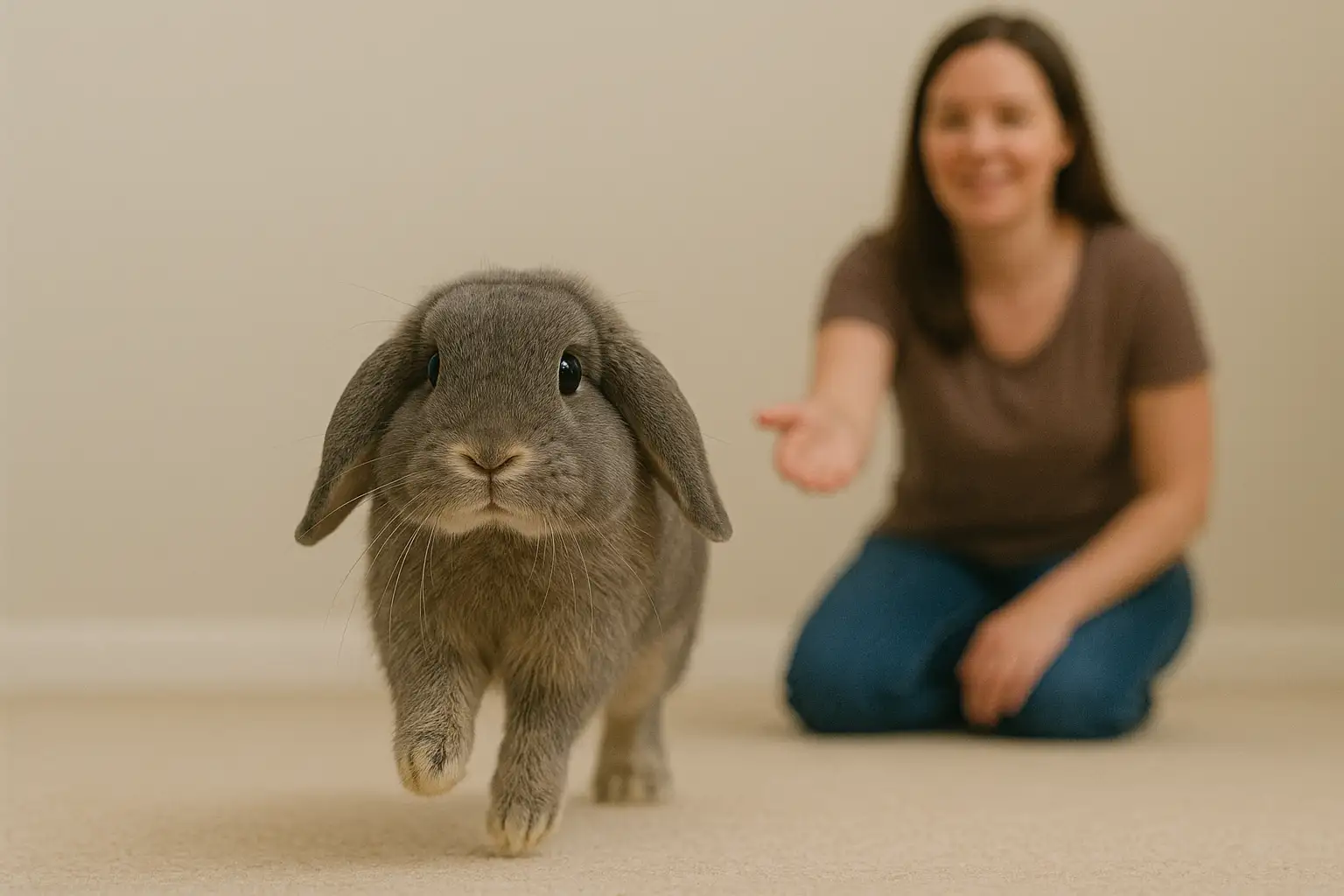 Different rabbit breeds may learn recall commands at varying speeds, showing a rabbit being trained in home environment, how to train your bunny