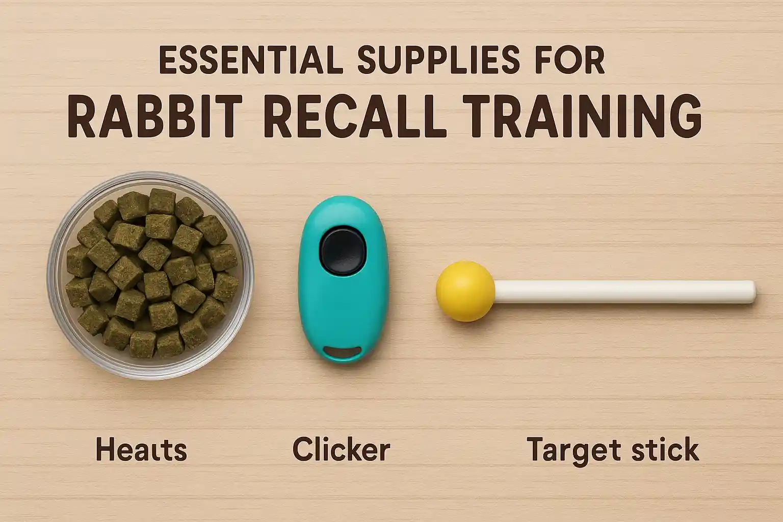 Essential supplies for rabbit recall training including healthy treats, clicker, and target stick arranged neatly, how to train your bunny