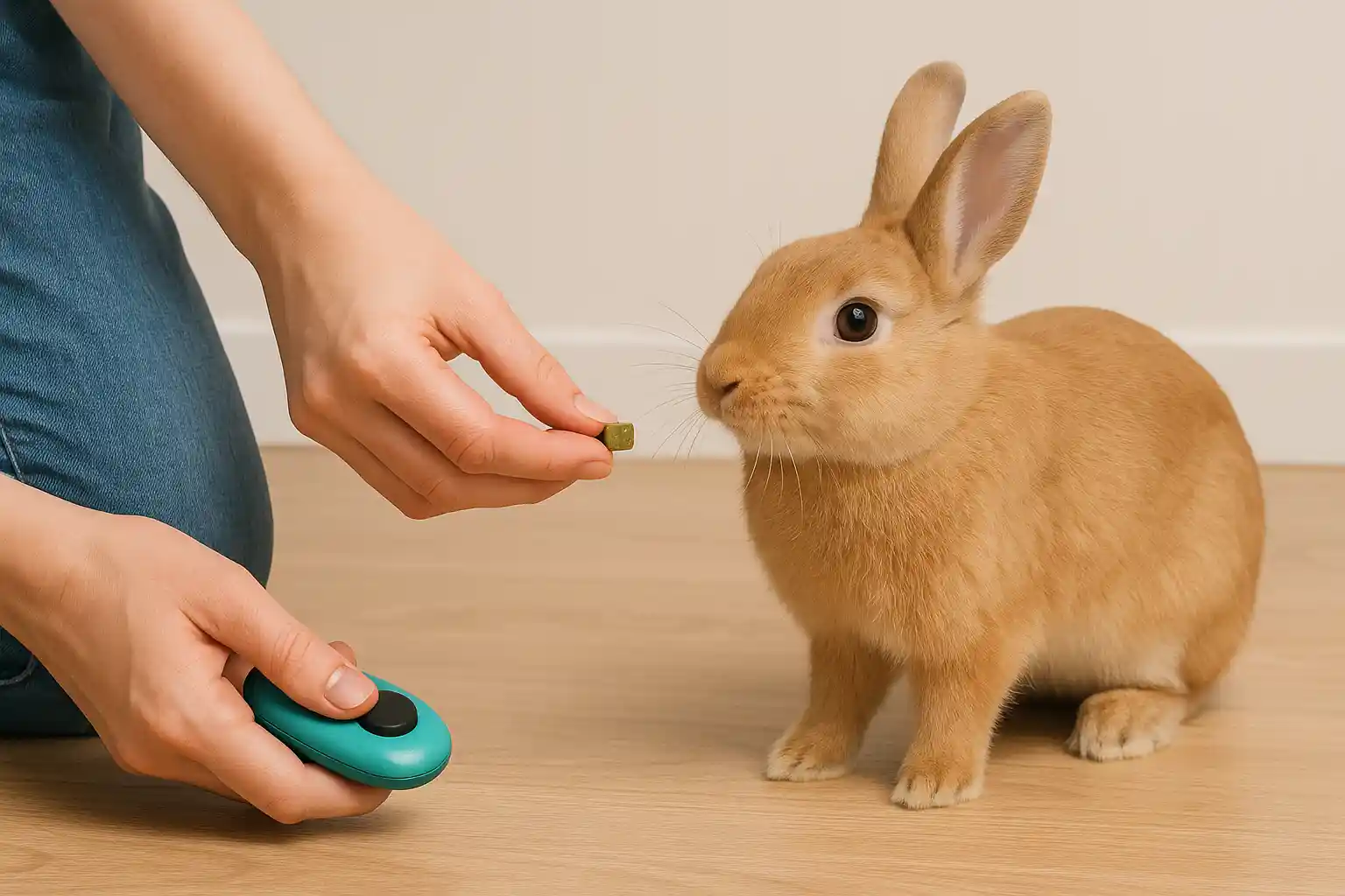 Person rewarding bunny with small treat during training, demonstrating positive reinforcement technique, how to train your bunny