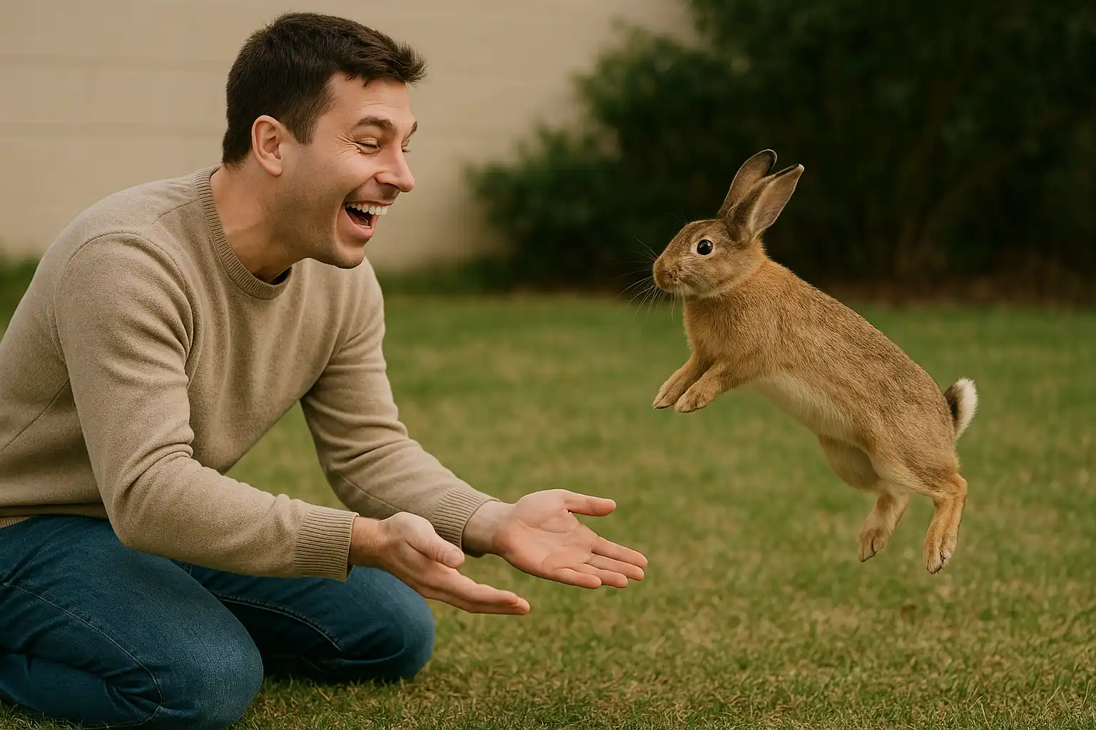 Rabbit showing trust through a happy binky jump when feeling comfortable with owner