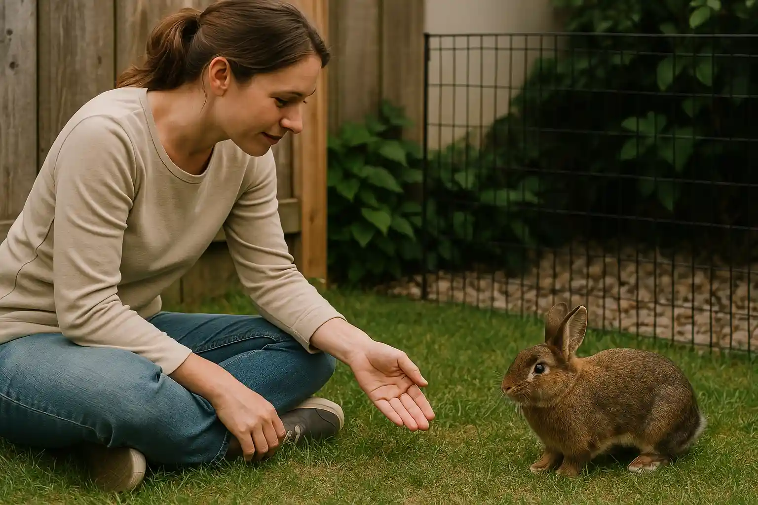 Properly arranged environment helping a rabbit feel secure enough to approach owner
