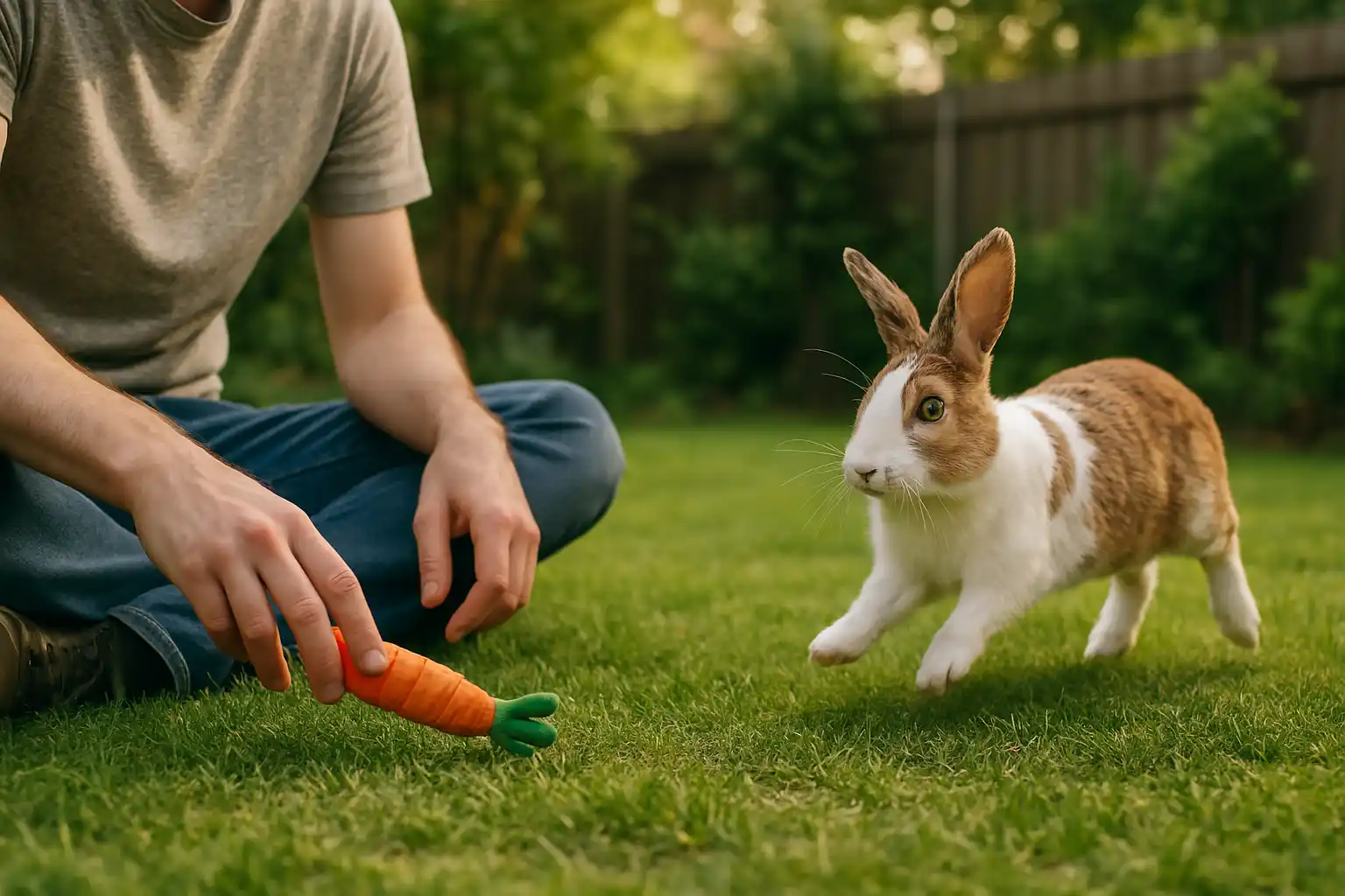 Using rabbit-friendly toys to encourage a rabbit to approach willingly through play