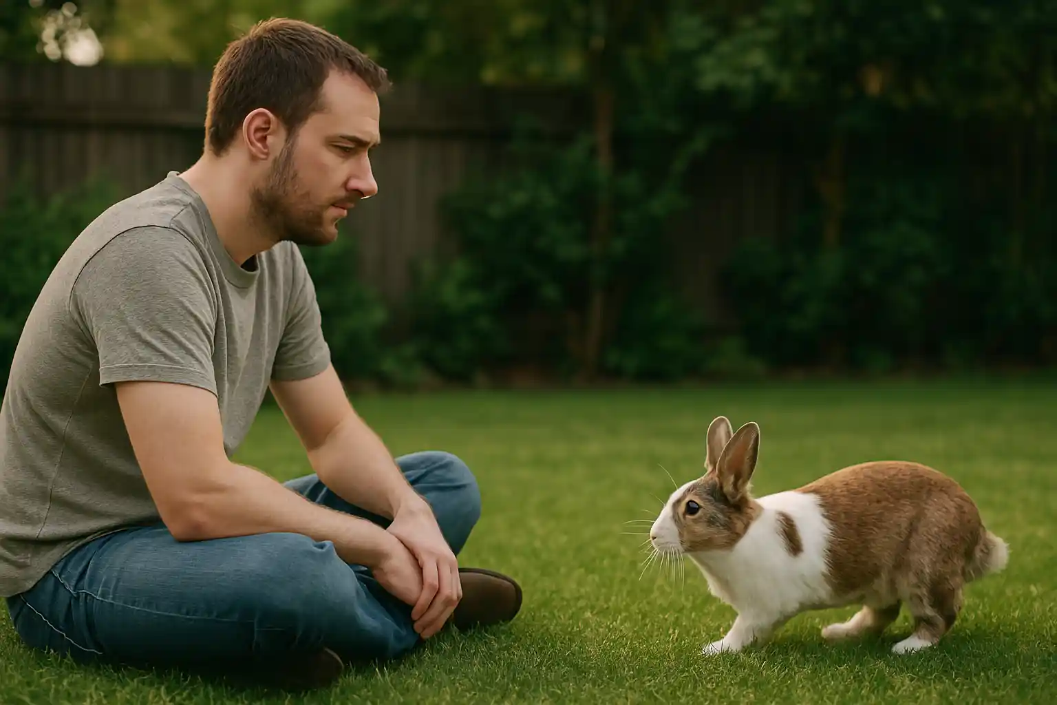 Person demonstrating patience while waiting for rabbit to approach voluntarily