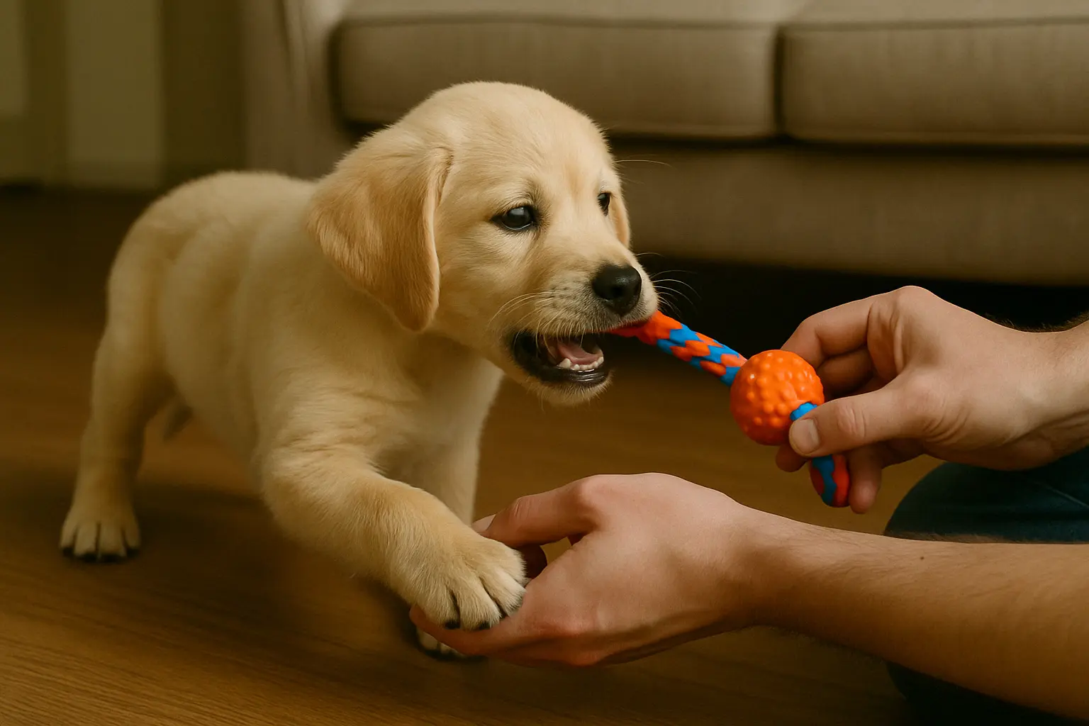 person redirecting puppy from biting hand to chew toy