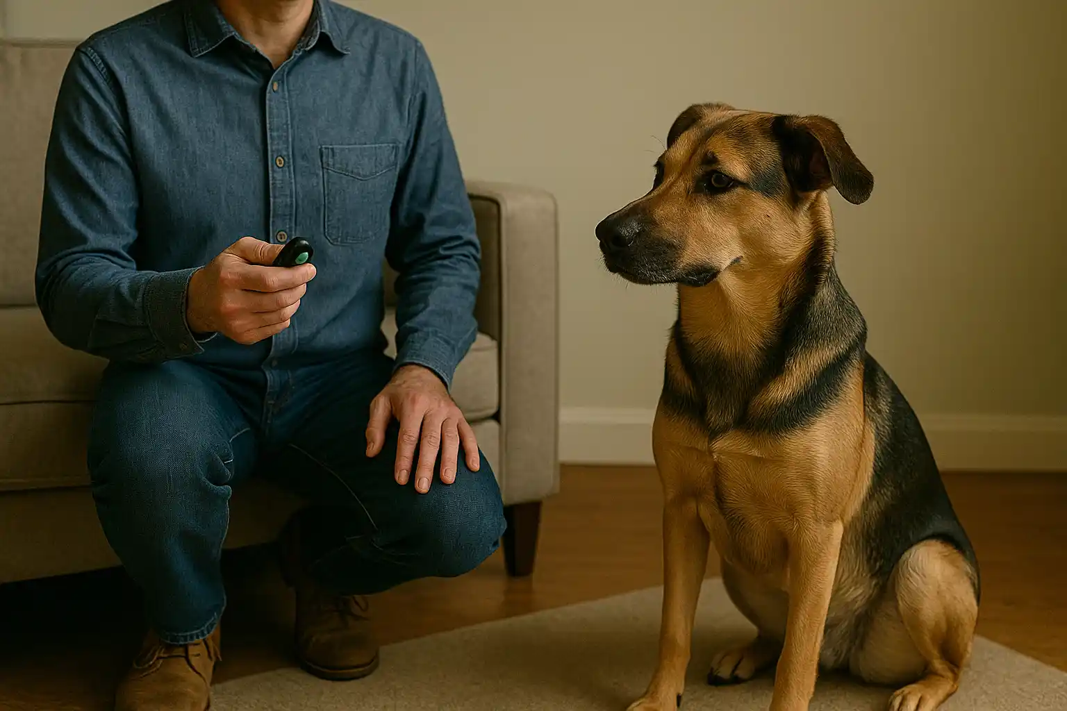 trainer using clicker with dog demonstrating calm behavior
