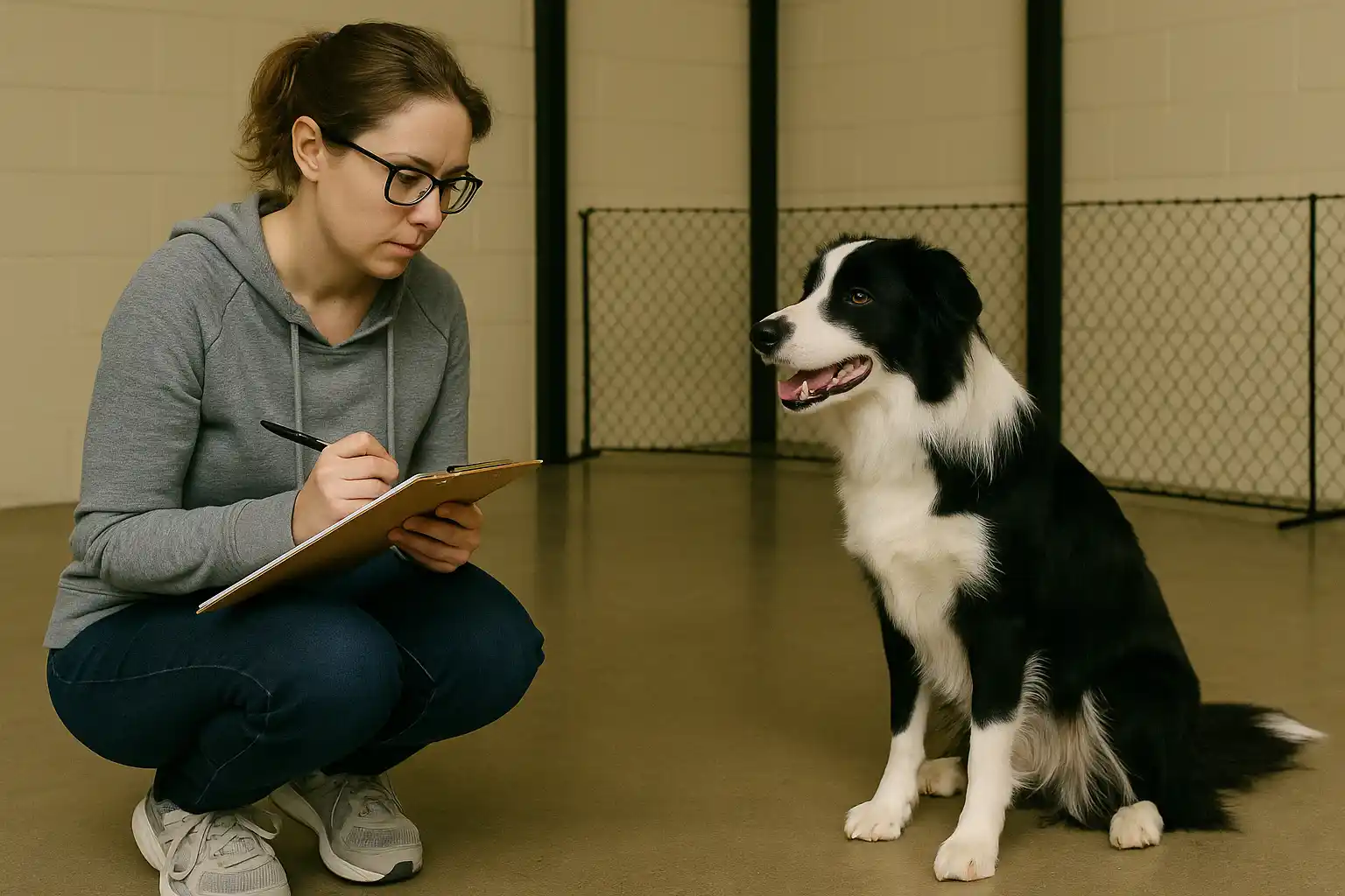 professional observing and documenting dog behavior triggers