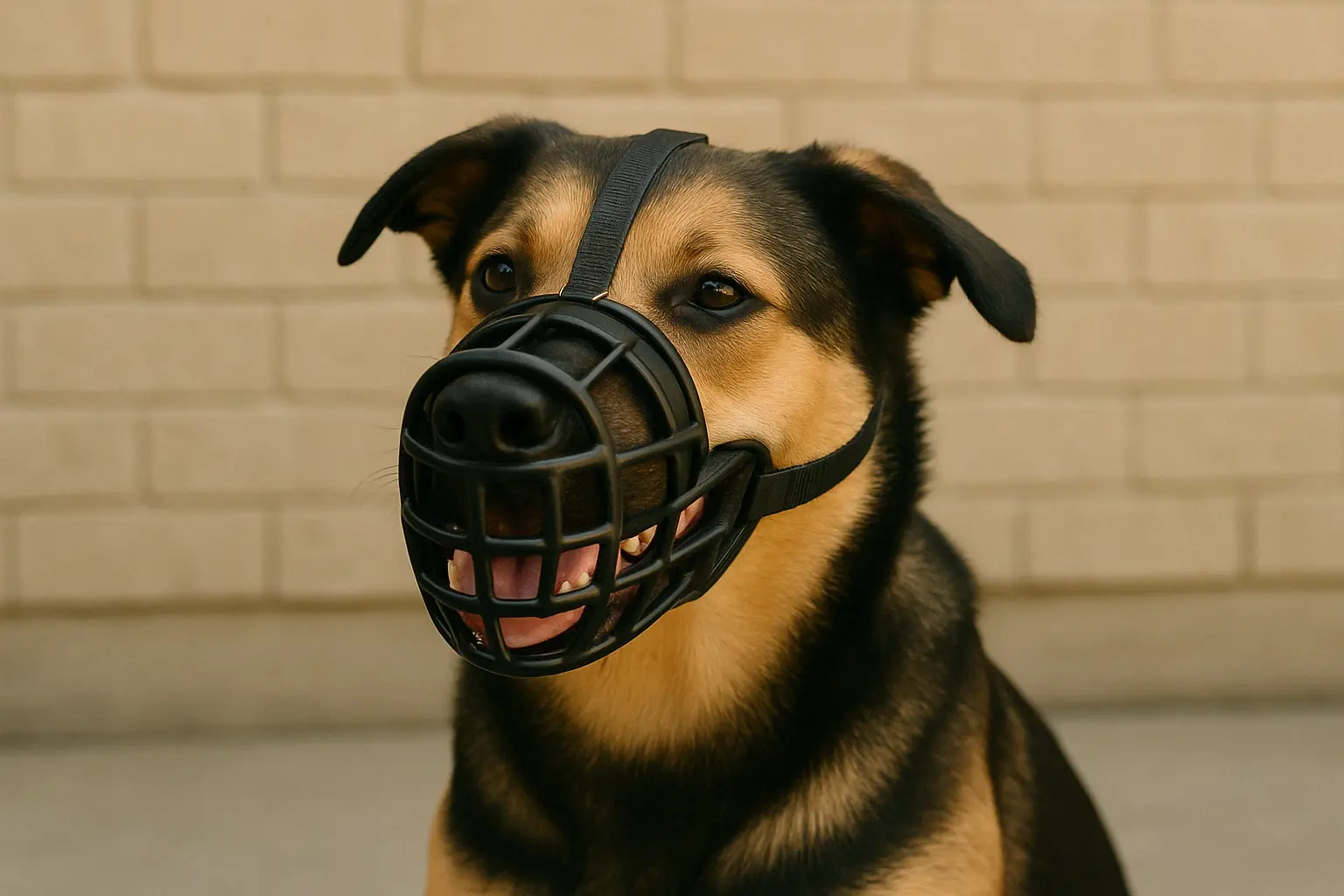 happy dog wearing properly fitted basket muzzle
