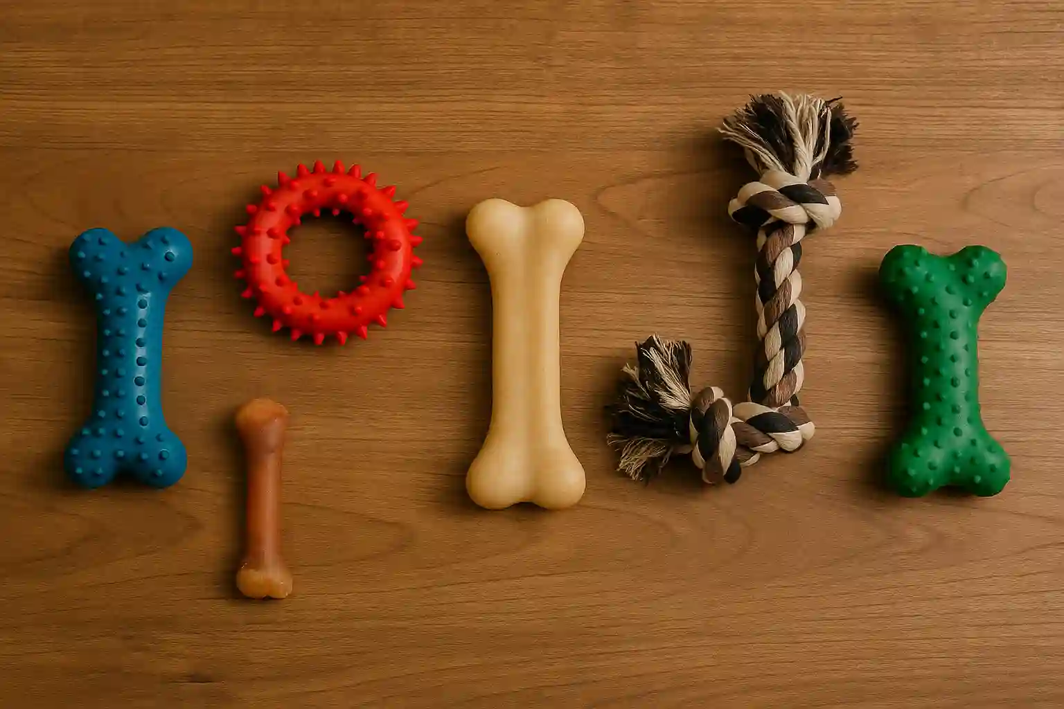 selection of different appropriate chew toys for dogs
