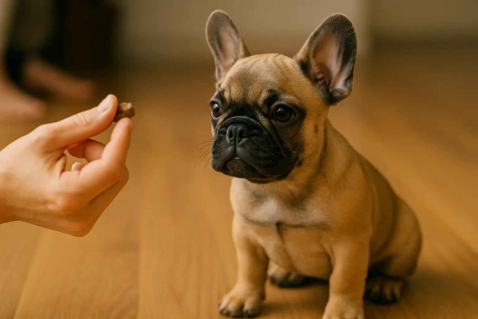 French Bulldog puppy sitting with focused expression during positive reinforcement training session, How to Train a French Bulldog Puppy