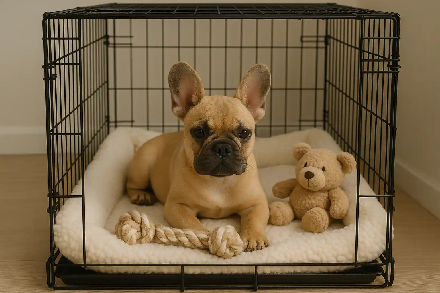 French Bulldog puppy relaxing inside comfortable crate with favorite toys during training