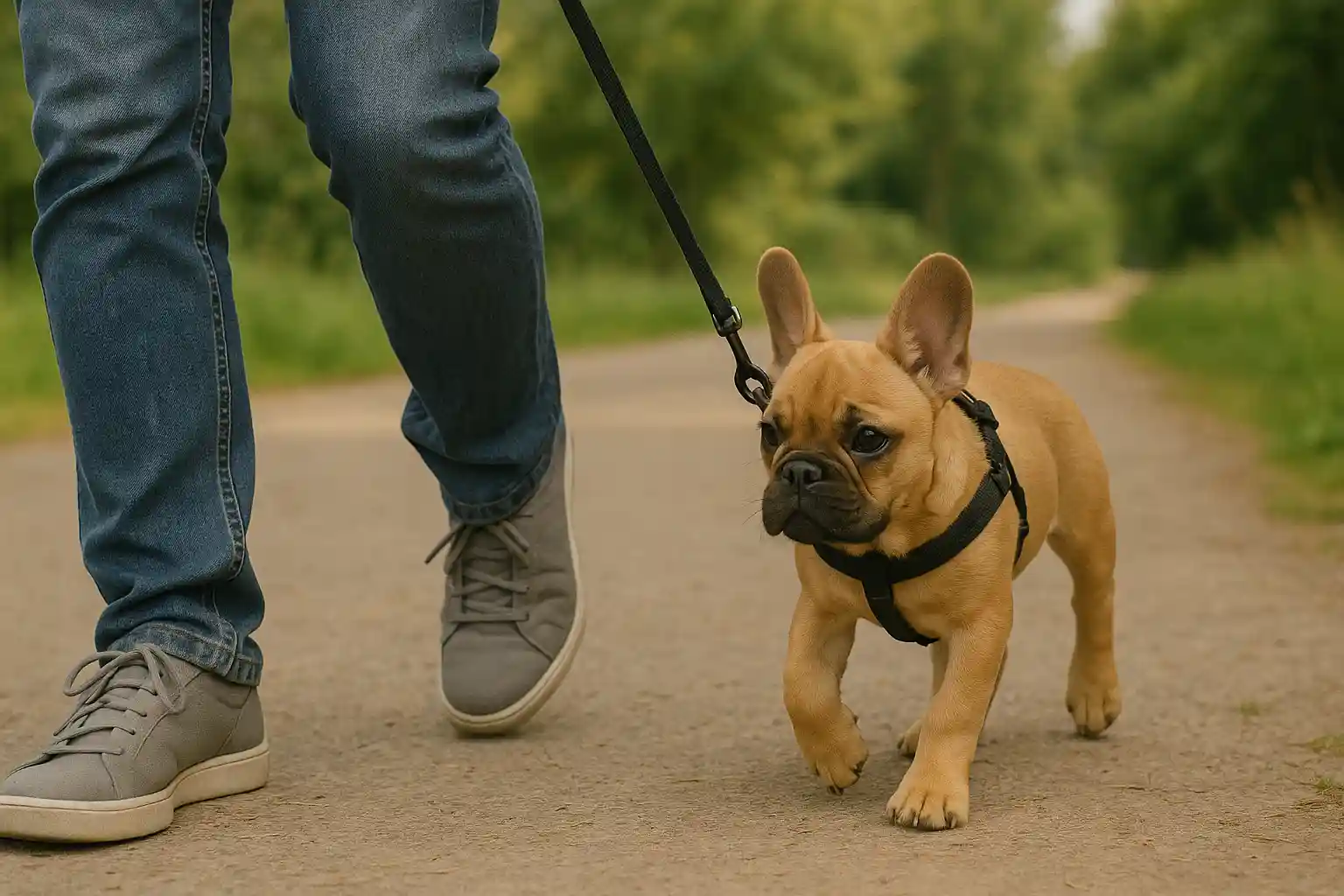 French Bulldog puppy walking on loose leash beside owner during training session outdoors