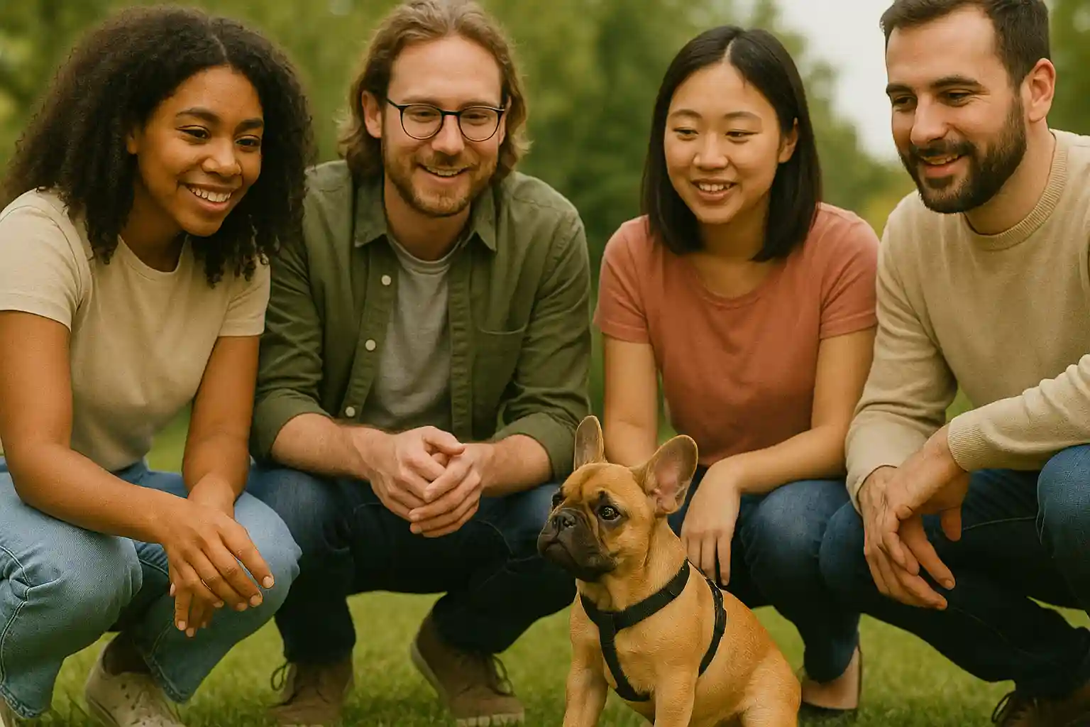 French Bulldog puppy socializing with diverse group of people during early training phase