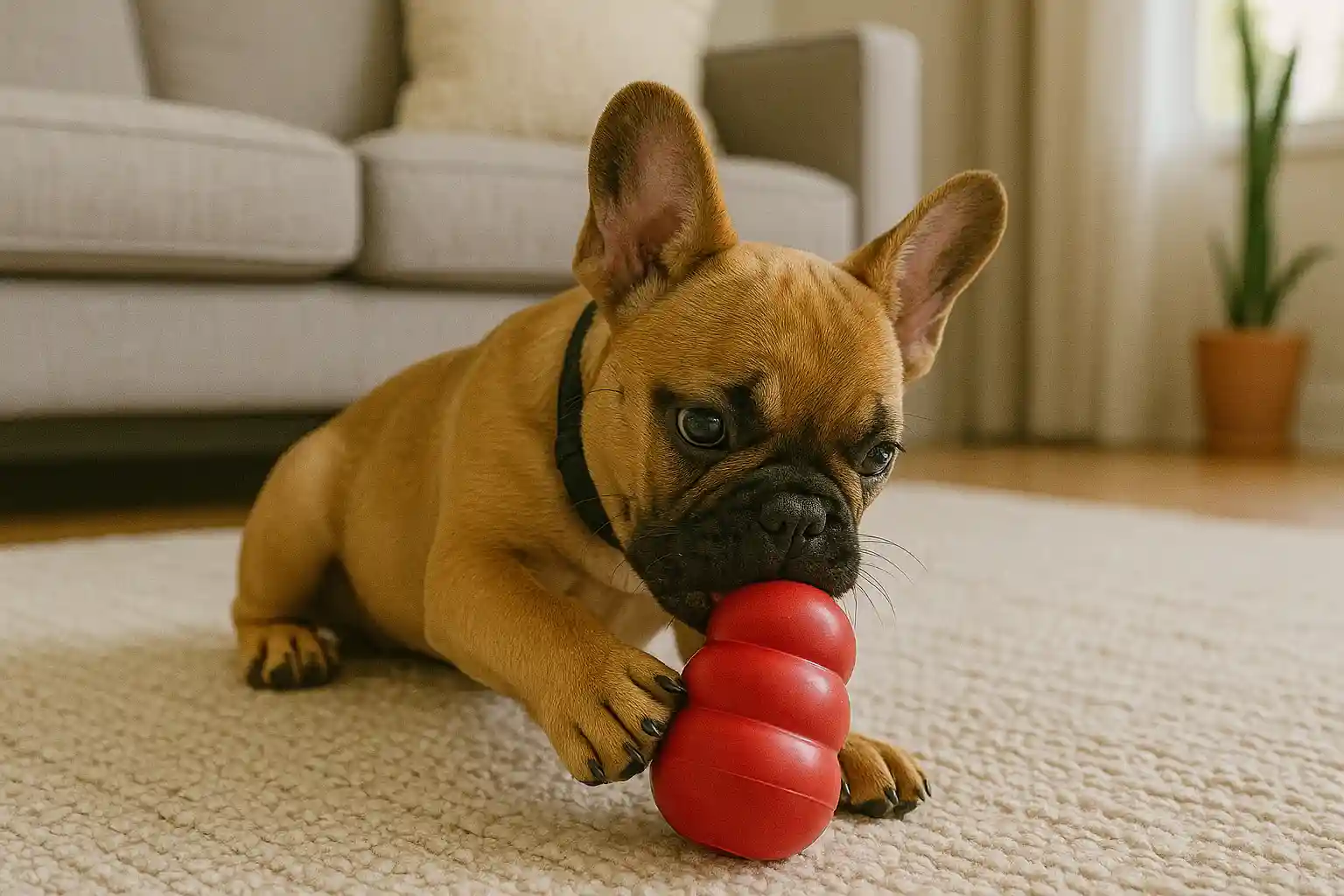 French Bulldog puppy engaged with interactive toy during separation anxiety prevention training