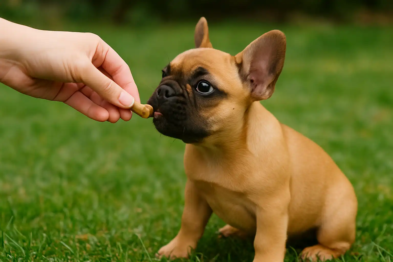 French Bulldog puppy receiving treat outdoors during successful house training session