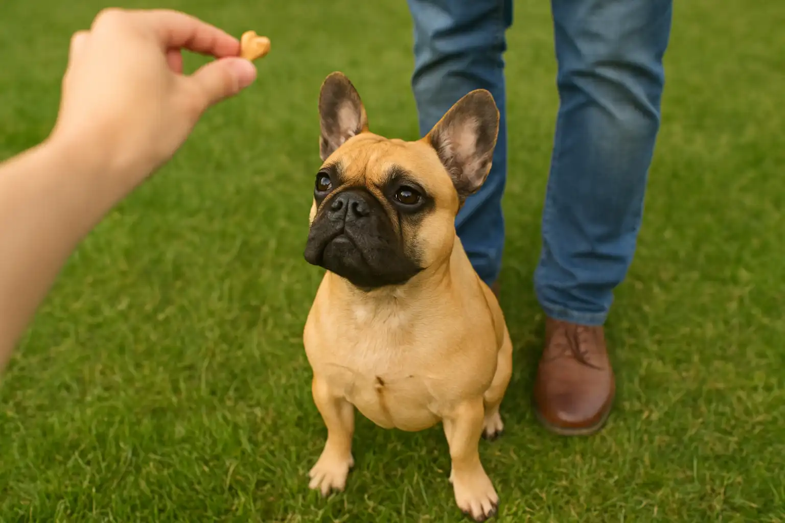 French Bulldog sitting in training position with focused expression on treat reward