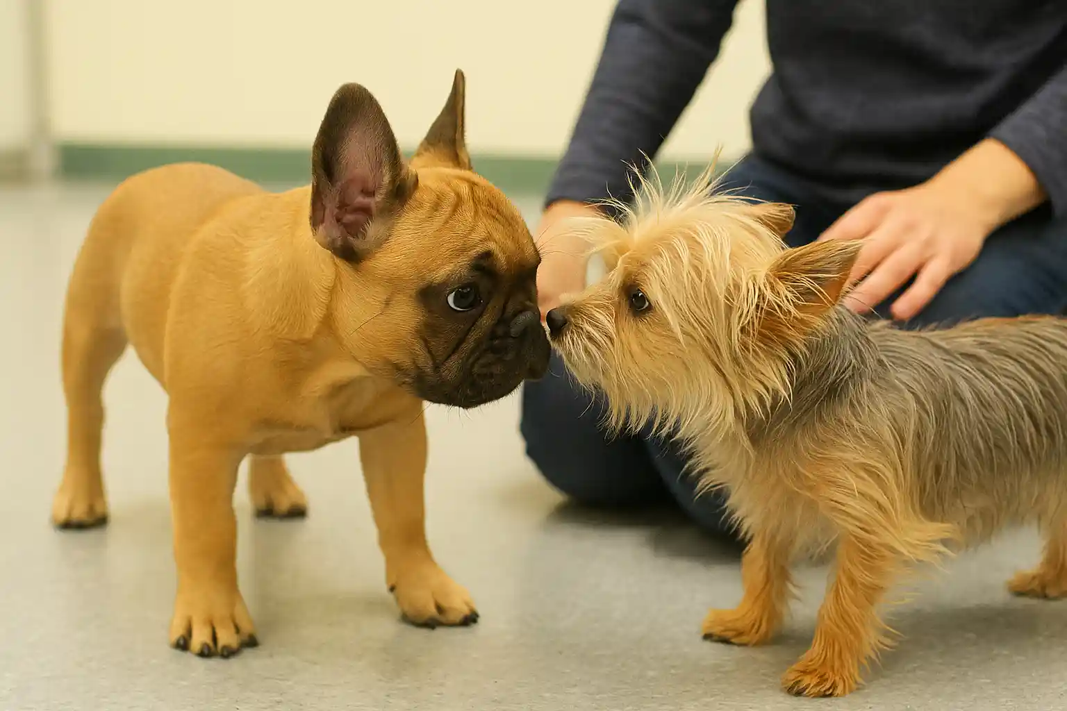 French Bulldog puppy socializing with another dog during training class