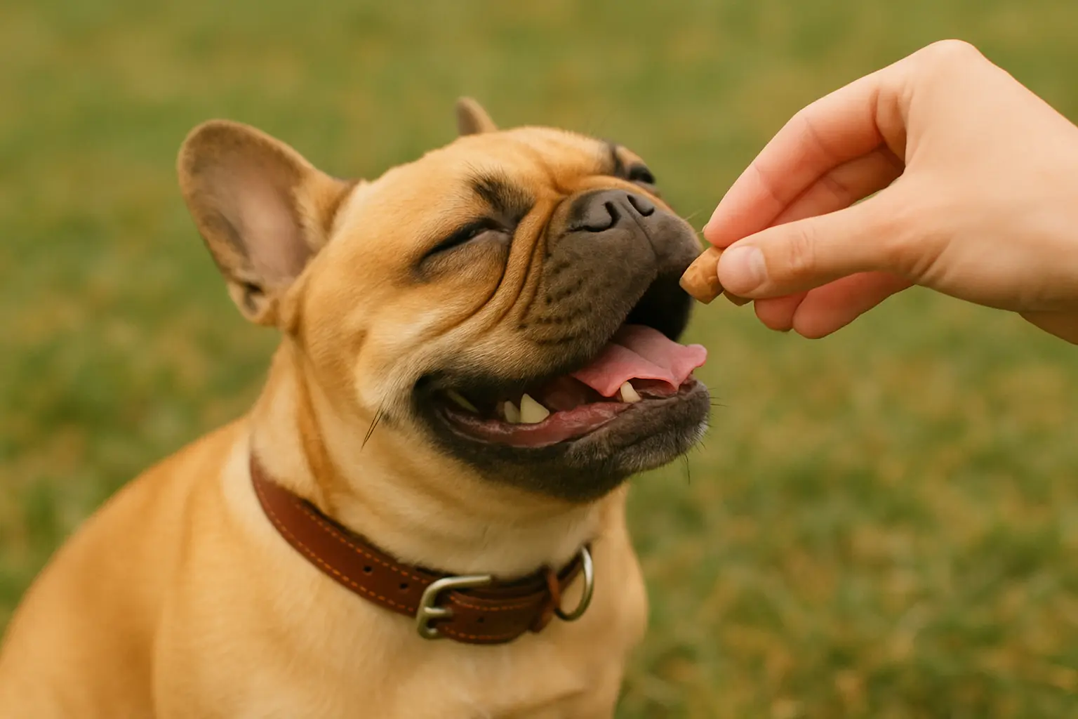 French Bulldog taking treat reward with enthusiasm during successful training session