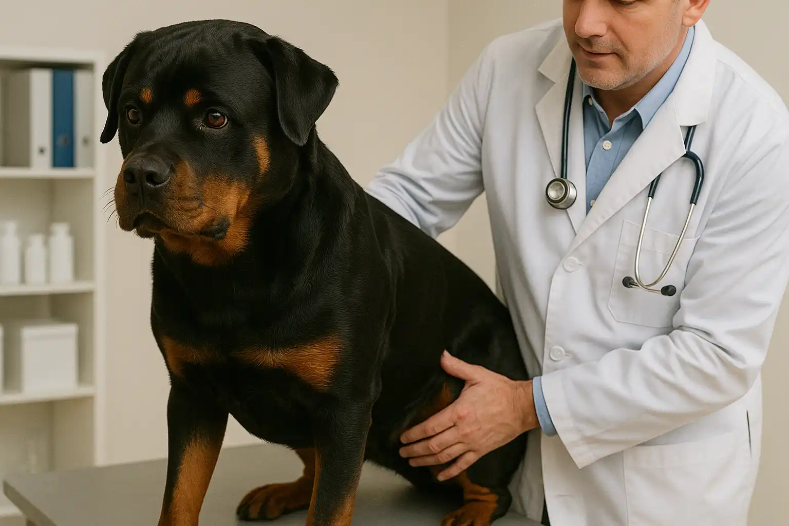 Veterinarian examining Rottweiler for hip dysplasia, a common Rottweiler health problem requiring early detection