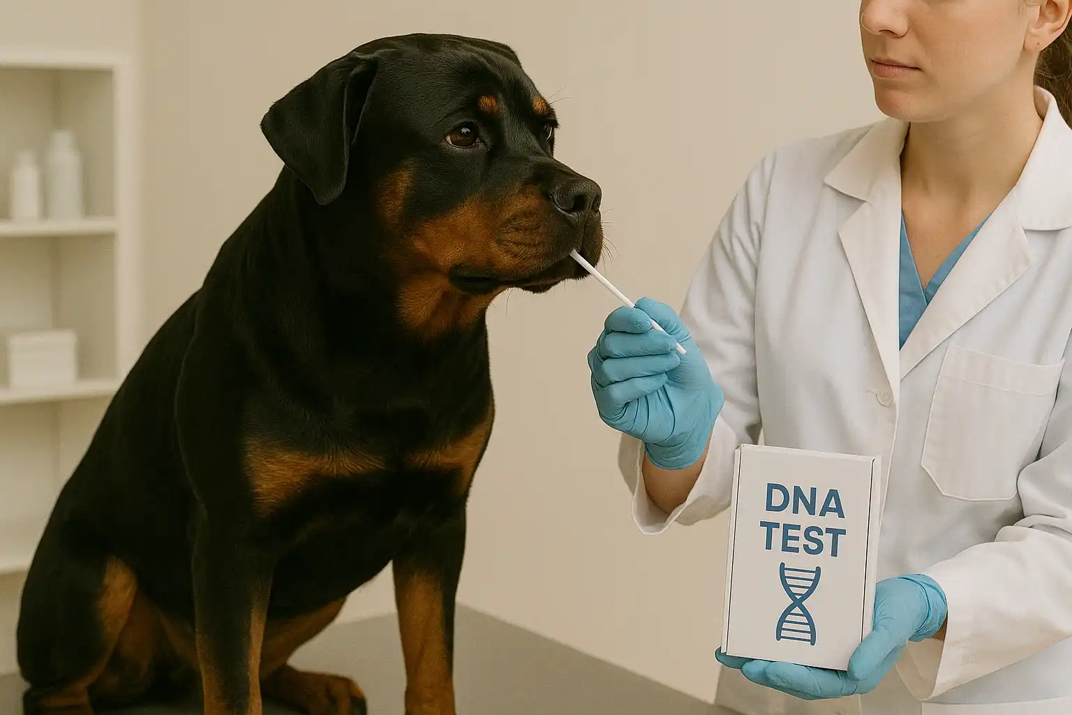 Rottweiler undergoing genetic testing to screen for breed-specific health problems and hereditary conditions