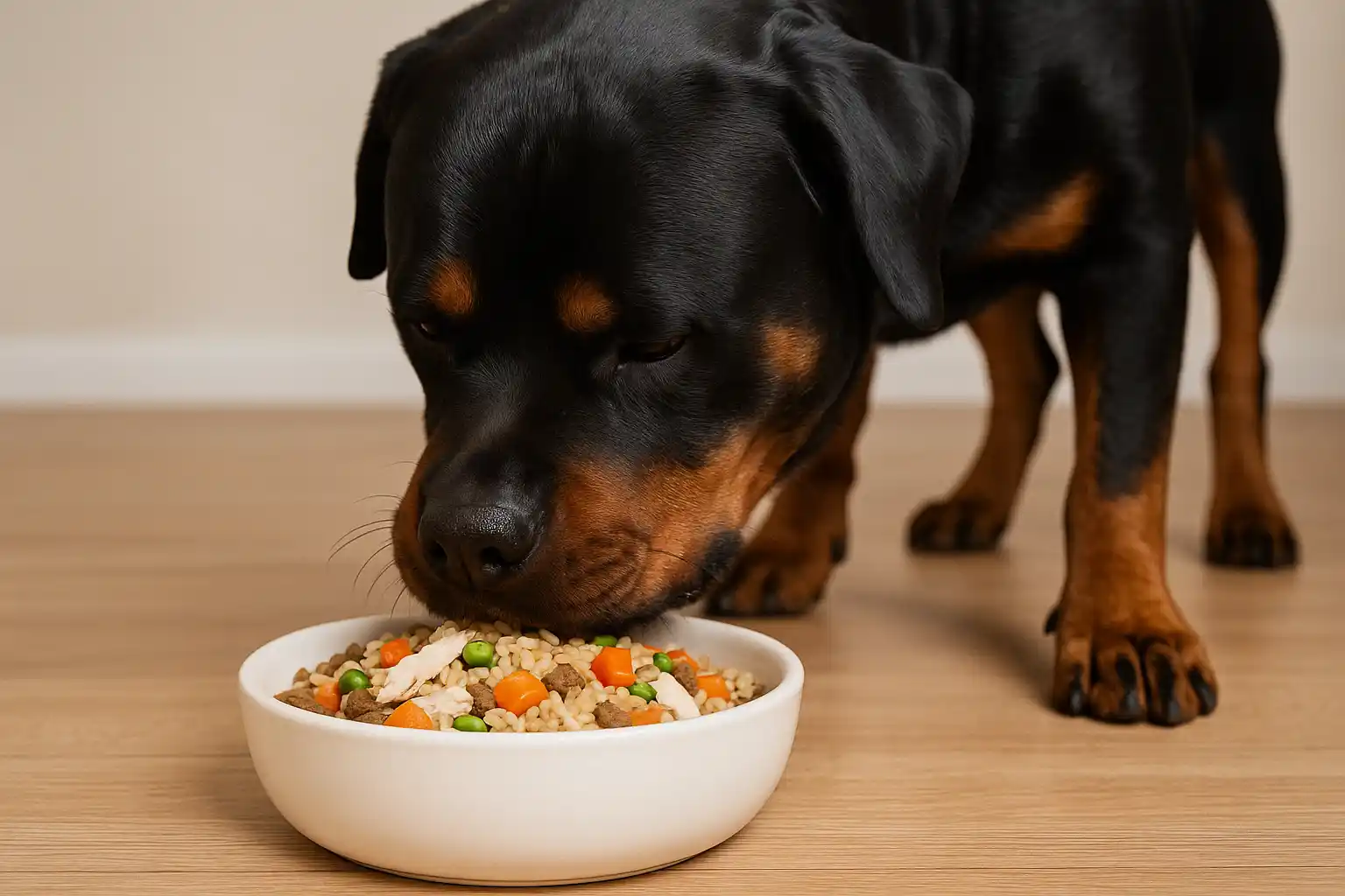 Healthy Rottweiler eating specialized diet to prevent common Rottweiler health problems like obesity and joint issues