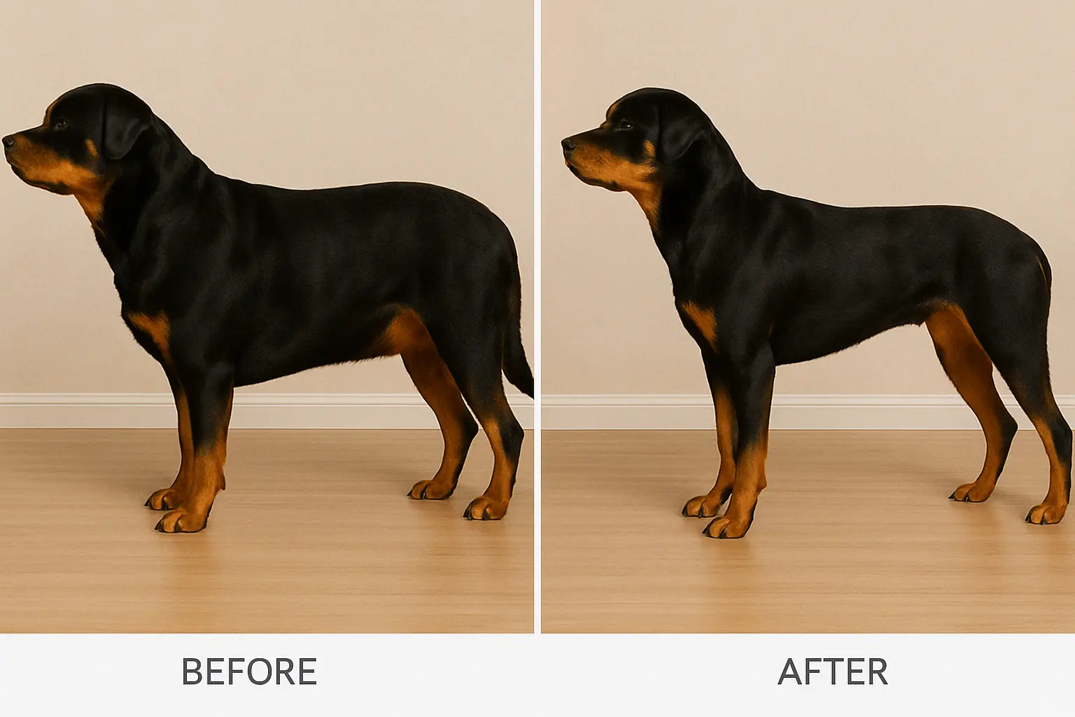 Rottweiler before and after weight management showing improved condition and reduced risk of Rottweiler health problems
