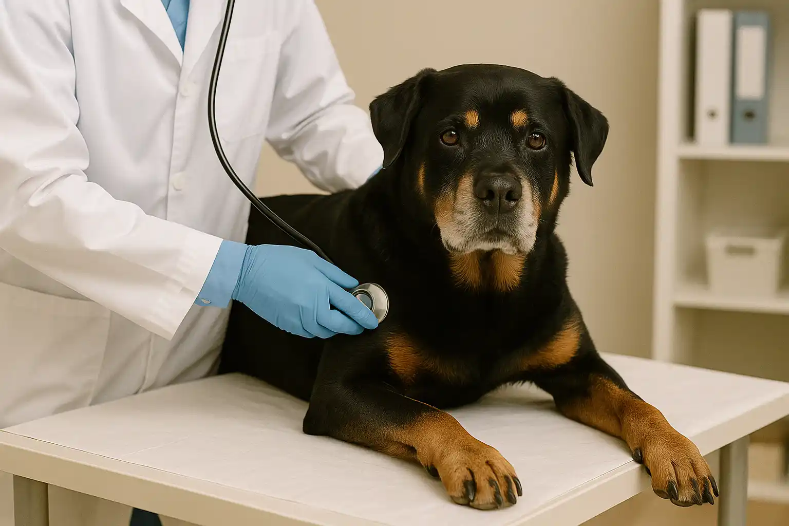 Senior Rottweiler at veterinary clinic for monitoring of age-related Rottweiler health problems and preventive care