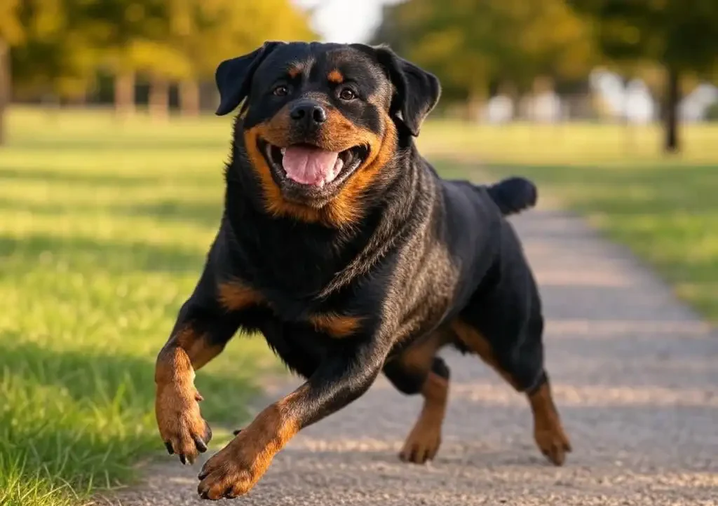 Muscular Rottweiler enjoying proper daily exercise fulfilling essential Rottweiler exercise requirements