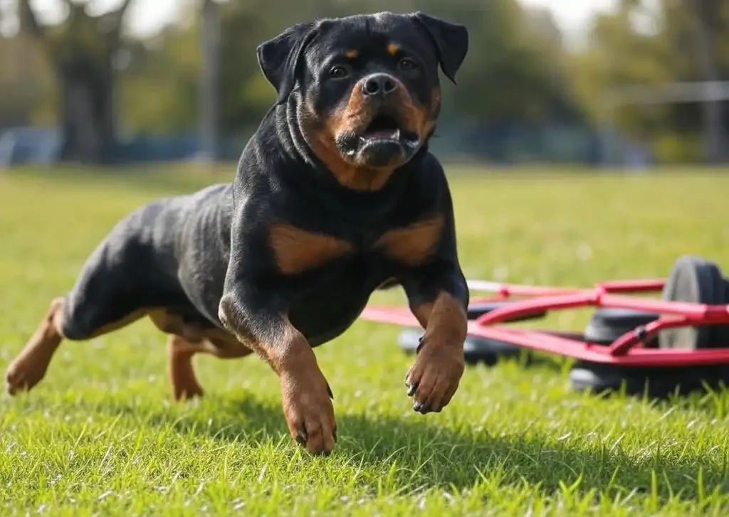 Rottweiler performing structured weight pulling exercise to fulfill natural Rottweiler exercise requirements safely