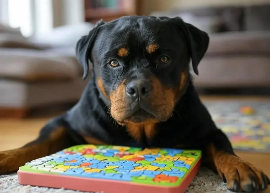 Intelligent Rottweiler working on puzzle toy to fulfill mental stimulation aspect of Rottweiler exercise requirements