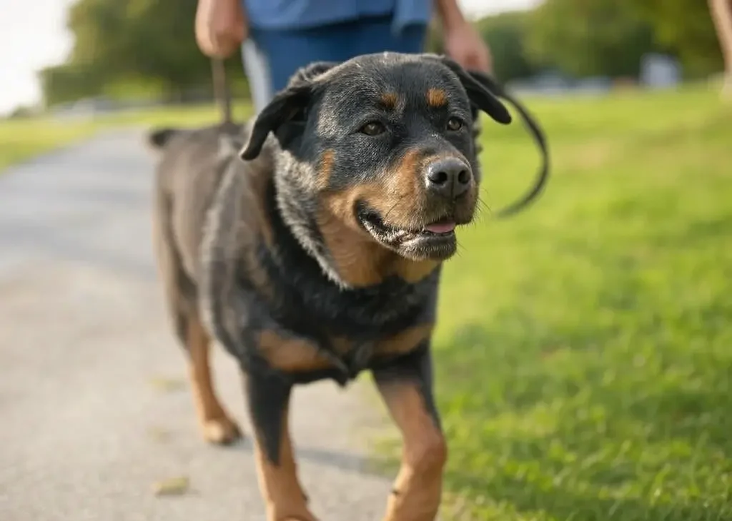 Senior Rottweiler enjoying gentle exercise that meets modified Rottweiler exercise requirements for older dogs