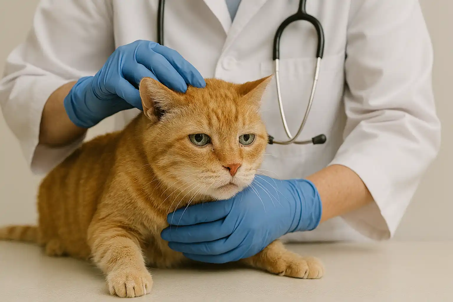 senior cat being examined by vet with stethoscope