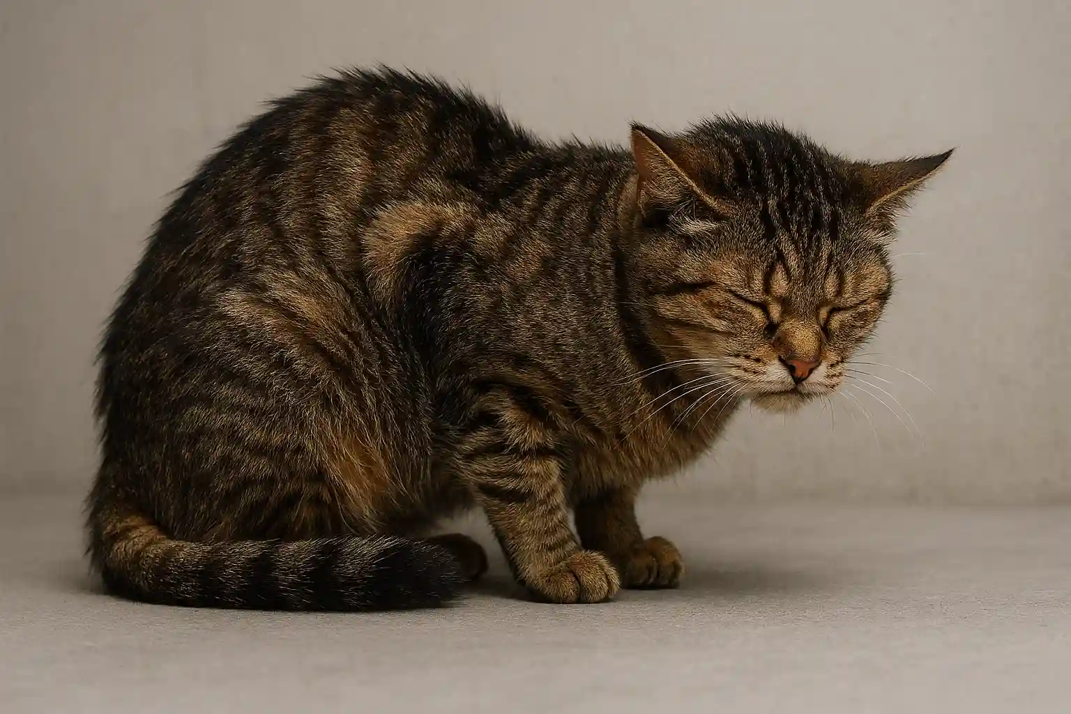A cat with hunched posture showing signs of pain
