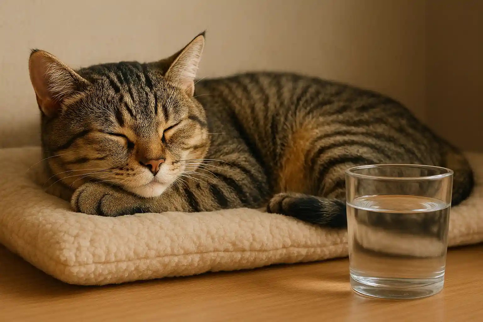 comfortable cat bed in quiet corner with water nearby