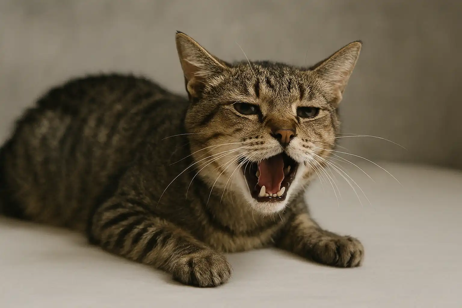 A cat meowing with mouth open, showing signs of respiratory distress