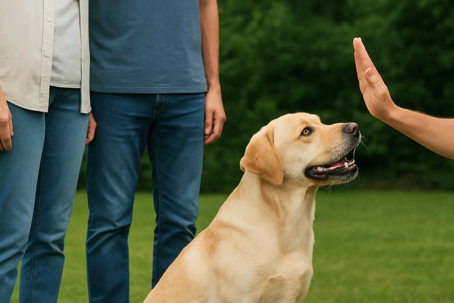 Các thành viên trong gia đình luôn sử dụng cùng một tín hiệu tay khi áp dụng các nguyên tắc vàng trong huấn luyện chó Labrador.