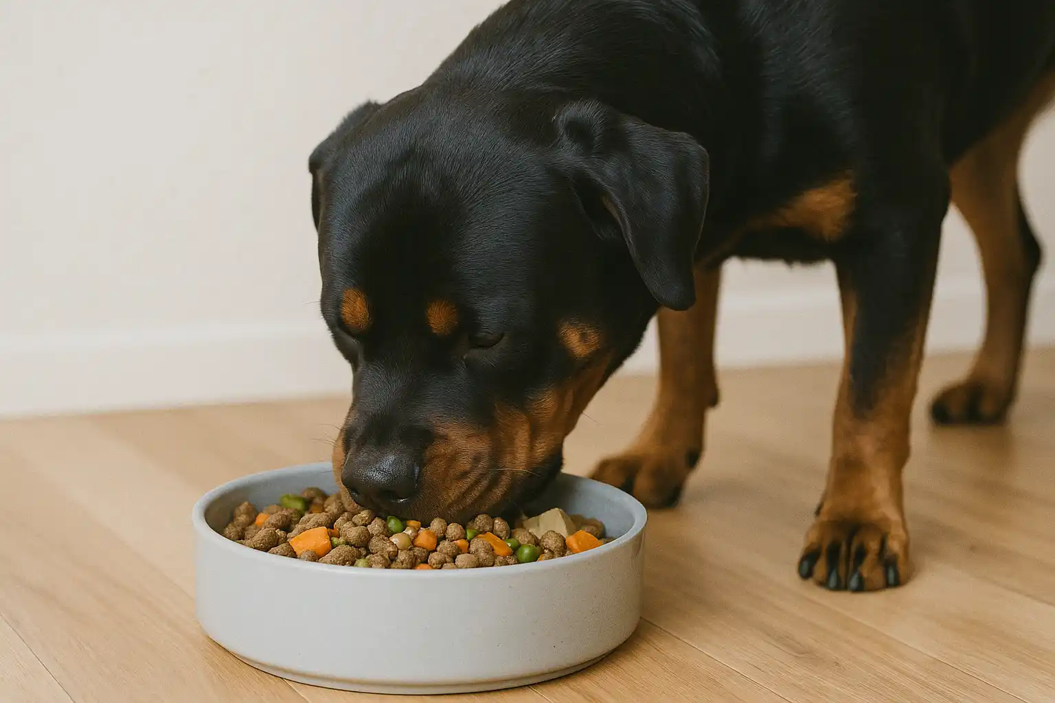 Healthy Rottweiler enjoying best dog food formulated with protein-rich ingredients for optimal nutrition