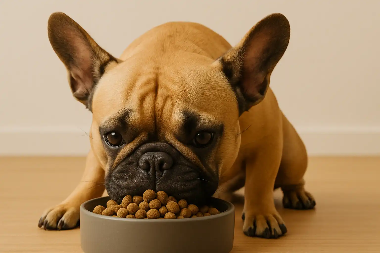 French Bulldog eating novel protein food for skin allergy relief