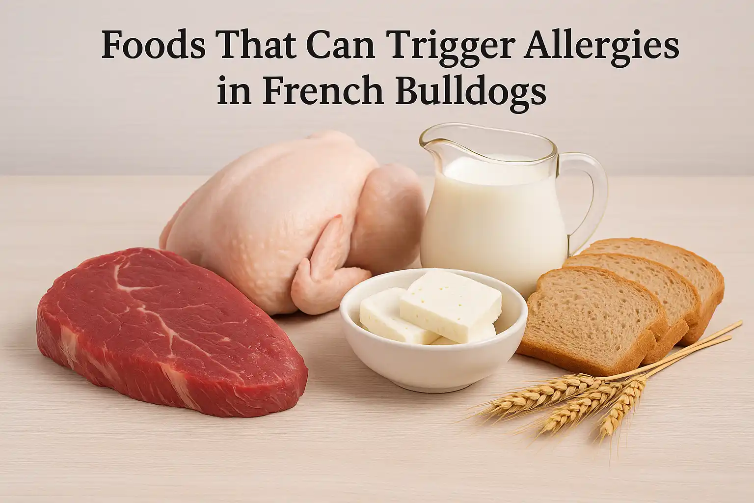 Common food allergens for French Bulldogs: chicken, beef, wheat, dairy