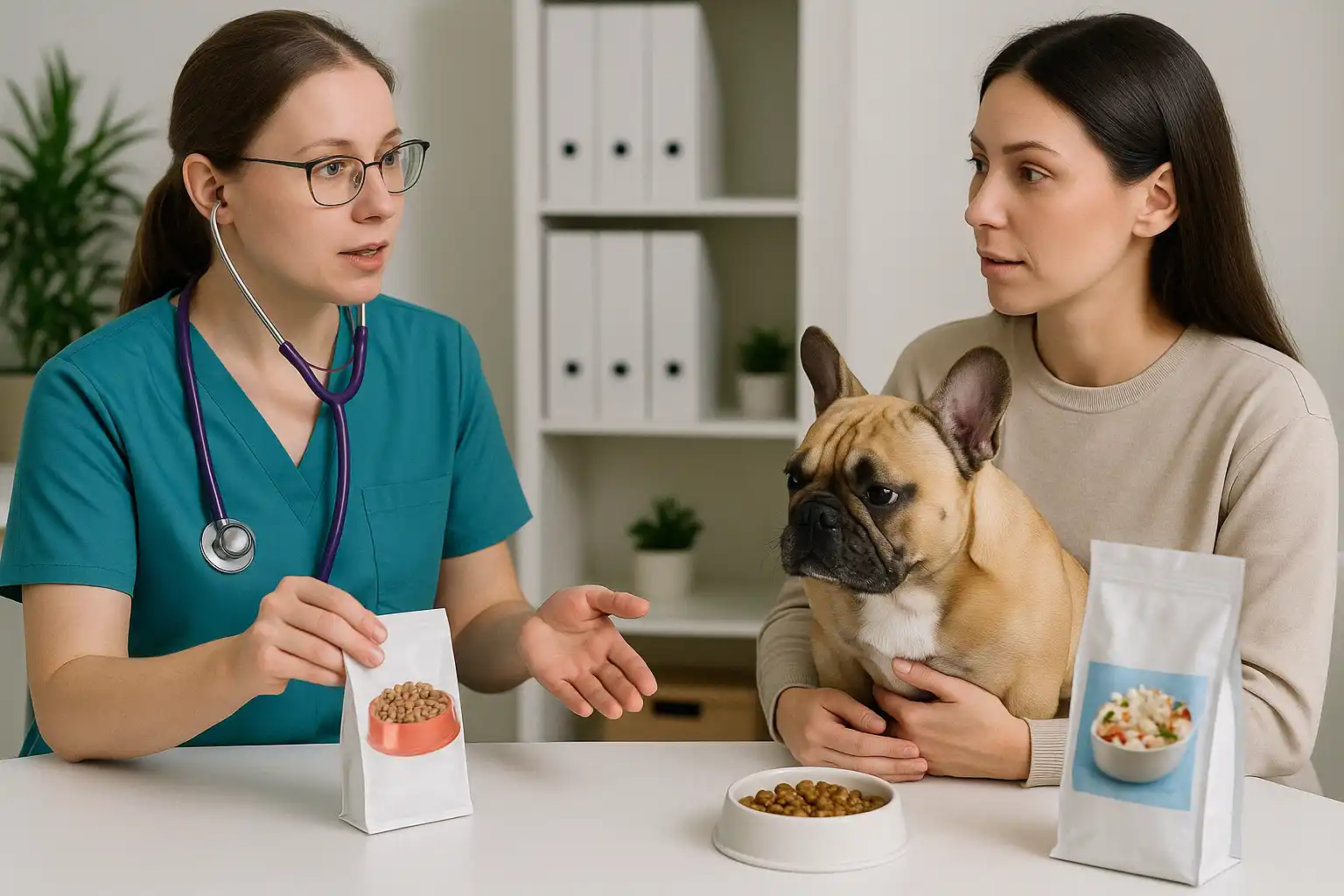 veterinarian discussing food options with French Bulldog owner with dog present